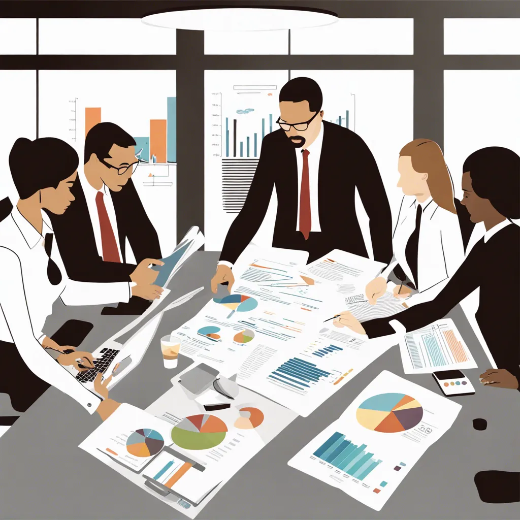 Illustration of a diverse group of business professionals collaborating around a table, analyzing charts and graphs in a meeting, reflecting teamwork, strategic financial planning, and data-driven decision-making aimed at business growth and success.